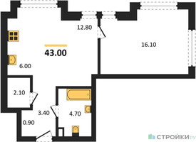 Планировка однокомнатной(квартира) площадью 43 квадратных метров в “Акценты”