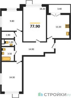 Планировка трехкомнатной(квартира) площадью 77.9 квадратных метров в “ЖК 1-й Донской (Первый Донской)”