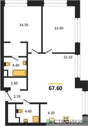Планировка двухкомнатной(квартира) площадью 67.6 квадратных метров в ЖК “ЖК Upside Towers (Апсайд Тауэрс)”