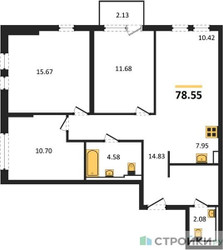 Планировка трехкомнатной(квартира) площадью 78.55 квадратных метров в ЖК “ЖК Остафьево”