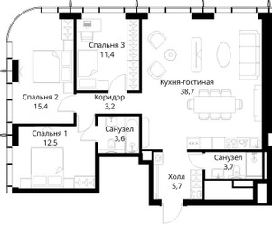 Планировка трехкомнатной(квартира) площадью 94.2 квадратных метров в ЖК “ЖК Сити Бэй”