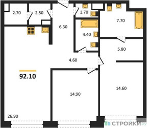 Планировка двухкомнатной(квартира) площадью 92.1 квадратных метров в ЖК “ЖК Коллекция Лужники”