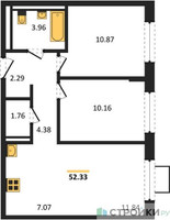 Планировка двухкомнатной(квартира) площадью 52.33 квадратных метров в “ЖК Квартал Западный”