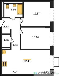 Планировка двухкомнатной(квартира) площадью 52.33 квадратных метров в ЖК “ЖК Квартал Западный”