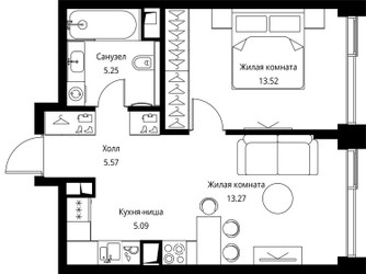 Планировка однокомнатной(квартира) площадью 42.7 квадратных метров в ЖК “ЖК Сити Бэй”