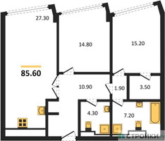 Планировка двухкомнатной(квартира) площадью 85.6 квадратных метров в “ЖК High Life (Хай Лайф)”