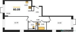 Планировка двухкомнатной(квартира) площадью 60.09 квадратных метров в “ЖК Новое Внуково”