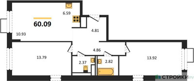 Планировка двухкомнатной(квартира) площадью 60.09 квадратных метров в ЖК “ЖК Новое Внуково”