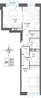 Планировка двухкомнатной(квартира) площадью 54.4 квадратных метров в “ЖК КИНОКВАРТАЛ”