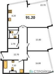 Планировка трехкомнатной(квартира) площадью 91.2 квадратных метров в ЖК “ЖК High Life (Хай Лайф)”