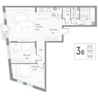 Планировка трехкомнатной(квартира) площадью 79.7 квадратных метров в “ЖК Эльйон”