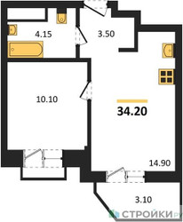 Планировка однокомнатной(квартира) площадью 34.2 квадратных метров в ЖК “ЖК ВОСТОК II”