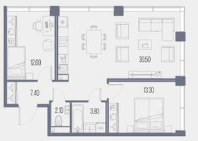 Планировка двухкомнатной(квартира) площадью 69.1 квадратных метров в “ЖК Северный порт. Береговые кварталы”