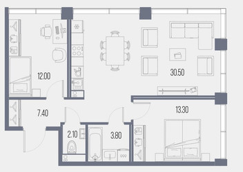 Планировка двухкомнатной(квартира) площадью 69.1 квадратных метров в ЖК “ЖК Северный порт. Береговые кварталы”