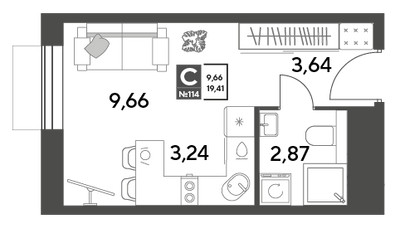 Планировка студии(квартира) площадью 19.41 квадратных метров в ЖК “ЖК Публицист”