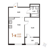 Планировка однокомнатной(квартира) площадью 44.6 квадратных метров в “ЖК Новое Летово”