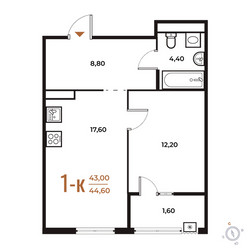 Планировка однокомнатной(квартира) площадью 44.6 квадратных метров в ЖК “ЖК Новое Летово”