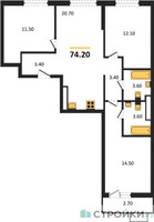 Планировка трехкомнатной(квартира) площадью 74.2 квадратных метров в “ЖК Прокшино”