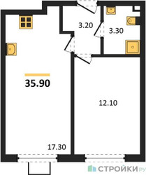 Планировка однокомнатной(квартира) площадью 35.9 квадратных метров в ЖК “ЖК Лучи-2”