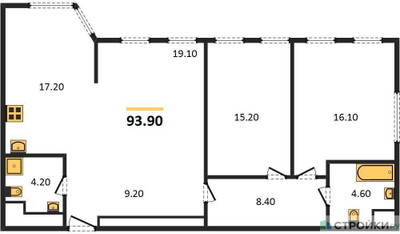 Планировка трехкомнатной(квартира) площадью 93.9 квадратных метров в “ЖК Архитектор”