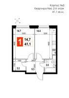 Планировка однокомнатной(квартира) площадью 41.1 квадратных метров в “ЖК Мытищи Сити”