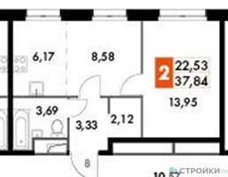 Планировка однокомнатной(апартаменты) площадью 37.84 квадратных метров в “ЖК Движение. Говорово”