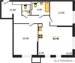Планировка двухкомнатной(квартира) площадью 63.4 квадратных метров в ЖК “ЖК Sky Sputnik (Скай Спутник)”