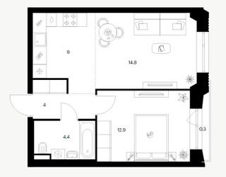 Планировка однокомнатной(квартира) площадью 45.4 квадратных метров в ЖК “ЖК Саларьево парк”