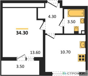 Планировка однокомнатной(квартира) площадью 34.3 квадратных метров в ЖК “ЖК ЮЖНАЯ БИТЦА”