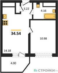 Планировка однокомнатной(квартира) площадью 34.54 квадратных метров в ЖК “ЖК ВОСТОК II”