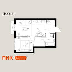 Планировка однокомнатной(квартира) площадью 35.2 квадратных метров в ЖК “Нарвин”