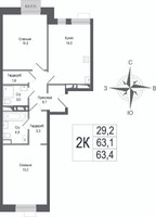 Планировка двухкомнатной(квартира) площадью 63.1 квадратных метров в “ЖК КИНОКВАРТАЛ”