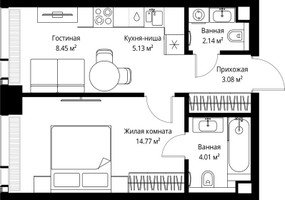 Планировка однокомнатной(квартира) площадью 37.58 квадратных метров в “ЖК Веер”