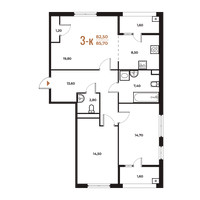 Планировка трехкомнатной(квартира) площадью 85.5 квадратных метров в “ЖК Новое Летово”