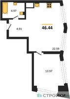 Планировка однокомнатной(квартира) площадью 46.44 квадратных метров в “УНО Горбунова”