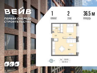 Планировка однокомнатной(квартира) площадью 36.5 квадратных метров в ЖК “ЖК Вейв”