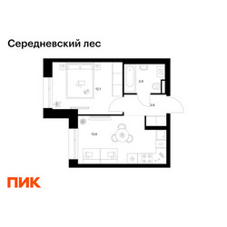 Планировка однокомнатной(квартира) площадью 33.4 квадратных метров в ЖК “ЖК Середневский лес”