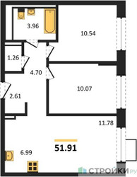 Планировка двухкомнатной(квартира) площадью 51.91 квадратных метров в ЖК “ЖК Пригород Лесное”