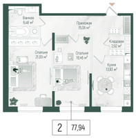 Планировка двухкомнатной(квартира) площадью 77.94 квадратных метров в “ЖК Рига Хиллс”
