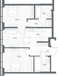 Планировка двухкомнатной(квартира) площадью 61.83 квадратных метров в ЖК “ЖК TATE (Тэйт)”