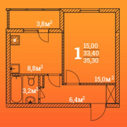 Планировка однокомнатной(квартира) площадью 35.3 квадратных метров в ЖК “ЖК Метелица”