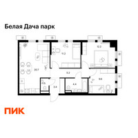 Планировка трехкомнатной(квартира) площадью 68.2 квадратных метров в “ЖК Белая Дача парк”