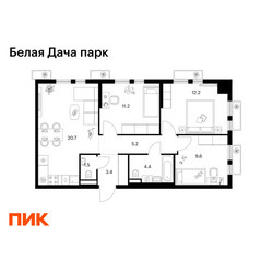 Планировка трехкомнатной(квартира) площадью 68.2 квадратных метров в ЖК “ЖК Белая Дача парк”