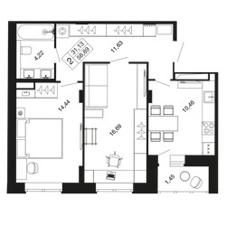 Планировка двухкомнатной(квартира) площадью 58.9 квадратных метров в ЖК “ЖК Времена года”