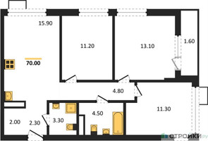 Планировка трехкомнатной(квартира) площадью 70 квадратных метров в “ЖК Южные сады”