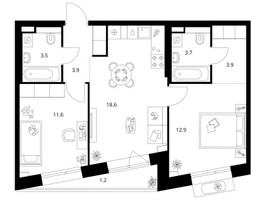 Планировка двухкомнатной(квартира) площадью 59.3 квадратных метров в “ЖК Саларьево парк”
