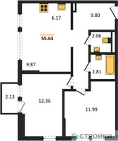 Планировка двухкомнатной(квартира) площадью 55.61 квадратных метров в “ЖК Остафьево”