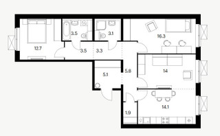 Планировка трехкомнатной(квартира) площадью 83.3 квадратных метров в “ЖК Восточное Бутово”