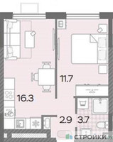 Планировка однокомнатной(квартира) площадью 33.5 квадратных метров в “ЖК Лучи-2”