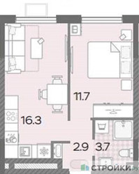 Планировка однокомнатной(квартира) площадью 33.5 квадратных метров в ЖК “ЖК Лучи-2”